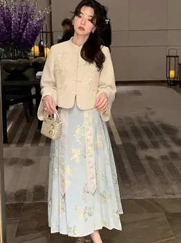 Ming Hanfu Suknelė Moterų Sunkiosios Pramonės Siuvinėjimo Kailis Originalus Audimo Aukso Makiažas Gėlių Arklių Veido Sijonas Žiemos Mamian Suknelė