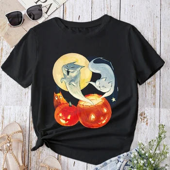 Naujas Halloween Mielas Ragana Juoda Katė Ragana Skrybėlę Moliūgų spausdinti ponios T-shirt atsitiktinis pagrindas, O apykaklės marškinėliai trumpomis rankovėmis ponios Marškinėlius
