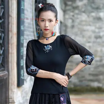 2024 m. kinijos tradicinės t-shirt nacionalinės gėlių siuvinėjimo tinklelio, rankovės marškinėliai kinijos hanfu viršūnes oriental o-kaklo marškinėliai bazės