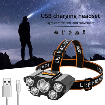 5Heads Flashlamp USB Įkrovimo LED Stiprus priekinis žibintas Super Šviesus 5W HeadMounted Fotoblykstės Lauko naktinė Žvejyba Koja Kempingas