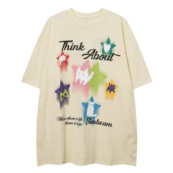 Hip-Hop Akvarelė Star Katė Grafinis Spausdinti Marškinėlius Vyrams Apvalios Kaklo trumpomis Rankovėmis Prarasti Viršūnes Mados Pora Negabaritinių marškinėliai