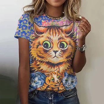 Kawaii Funny Cat Spausdinti Moterų T Shirts Vasaros Mados Trumpas Rankovės Viršuje Moterų Y2k Negabaritinių Moterų Drabužių Ponios Atsitiktinis Tees
