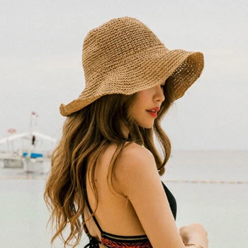 Sulankstomas Šiaudų Paplūdimio Skrybėlę, Moteris Kelionės UV Skrybėlę Platus Kraštų Saulės Skrybėlę