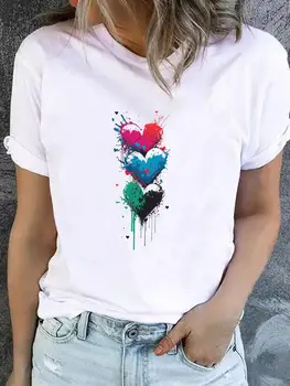 Grafinis T-shirt Akvarelė Meilė Širdies Stilius Ponios Spausdinti Marškinėliai trumpomis Rankovėmis Drabužiai Moterims, Drabužiai Mados Basic Tee Viršų