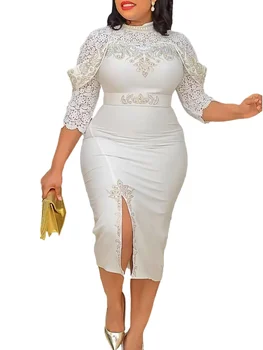 Elegantiškas Afrikos Suknelės Moterų Nėrinių Rankovės Hot Diamonds Wrap Klubo Midi Suknelė Ankara Afrikos Drabužius Balta Skraiste Šalies Vestidos