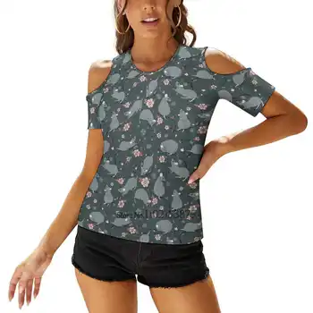 Gėlių Žiurkės Tamsiai Pilka Ir Rožinė Moterys, Print T-Shirt Vasaros Atsitiktinis Viršūnes Streetwear Marškinėliai Boho Ponios Viršų Žiurkės Pet Išgalvotas Ratty