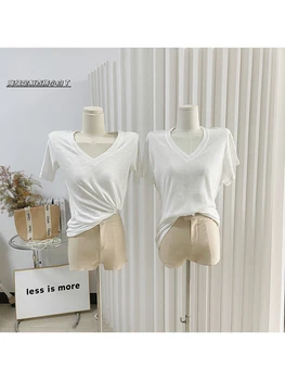 Moteriški Balti marškinėliai Y2k korėjos 90s Y2k Tee Viršuje Harajuku Derliaus Estetinės vientisos Spalvos trumpomis Rankovėmis T-shirt 2000-ųjų Drabužius 2024