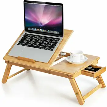 Bambuko Nešiojamojo kompiuterio Stalas Multi-Padėtis Reguliuojama Lova Dėklas w/Stalčių Šilumos Išsklaidymo