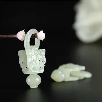 Tianran Hetian Jade dirbtinai raižyti išskaptuotas gėlių krepšelis Pakabukas 