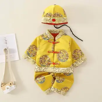 Kūdikiams, Vaikams, Tango Kombinezonas Naujagimiui Kinijos Tradiciniais Kostiumais Fotografijos Drabužius Dragon Modelis Brokatas Nustatyti Naujųjų Metų Dovana Hanfu Skrybėlę