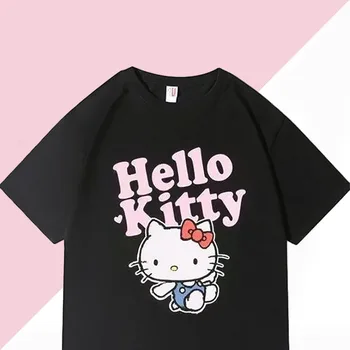 Sanrio Hello Kitty Marškinėliai Spalvinga Animacinių filmų Laiškas Spausdinti Trumpas Rankovės O-Kaklo vatos Pagaliukai Vyrai ir Moterys, Poros derinti Drabužius