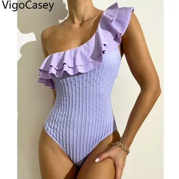 VigoCasey 2023 Violetinė Vieną Petį maudymosi Kostiumėliai Moterims Seksualus Pynimas Push UP vientisi maudymosi kostiumėlį Monokini Aukštos Sumažinti Paplūdimio Maudymosi Kostiumas