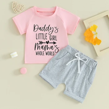 Bamblys Baby Girl Vasaros Aprangą Laiškas Spausdinti Marškinėliai Topai Elastinga Juosmens Šortai Nustatyti Cute Kūdikių Naujagimių Drabužiai