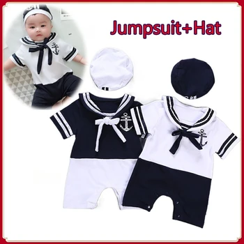 Kūdikių Sailor Kostiumų Baby Berniukas ir Mergaitė karinio jūrų Laivyno Jumpsuit su Skrybėlę Berniuko 0 12 Mėnesių 1-ojo Gimtadienio Naujagimių Photoshoot Outift