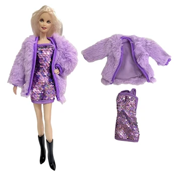 NK 2 Straipsniai/ Set ilgomis Rankovėmis, Minkšta Kailių Paltai +Violetinis Sijonas Mados Suknelė Žiemą Šiltas Drabužius Barbie Lėlės Priedai