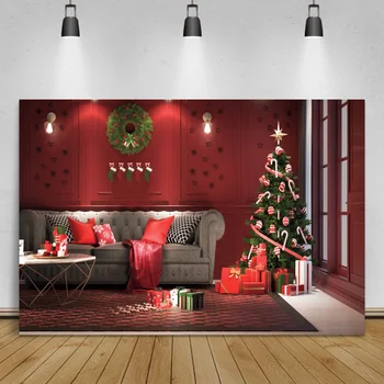 Laeacco Raudona Prašmatnus Sienos Kalėdų Medžio Vainikas Vaikų Fotografijos Interjero Vaizdingas Sofa Fone Plakatas Backdrops Foto Studija