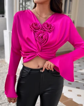 2024 m. Rudenį, Pavasarį Moterų Drabužių Elegantiškas, Seksualus Rose Išsamiai Ruched Varpas Rankovėmis Viršuje T-Shirtspul puloveris Viršūnes Moterų Apranga