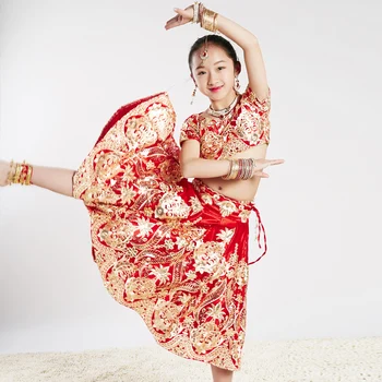 Indijos Šokių Etninės Vaikų Suknelė Sari Siuvinėjimo Viršų Didelis Swing Suknelė Lengha Rinkinys
