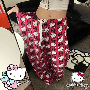 Sanrio Hello Kitty Celana Mewah Moterų Sutirštės Šiltas Pajama Kelnes Mielas Animacinių Filmų Celana Ilgas Kelnes Kaki Lebar Celana Lurus Longgar
