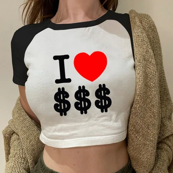 Aš Myliu Pinigus Laišką, Print T Shirt Harajuku Mados Moterų Apkarpyti Viršūnes, O Vasarą-Kaklo, Raglan Rankovėmis Y2K Moterų Trumpi marškinėliai